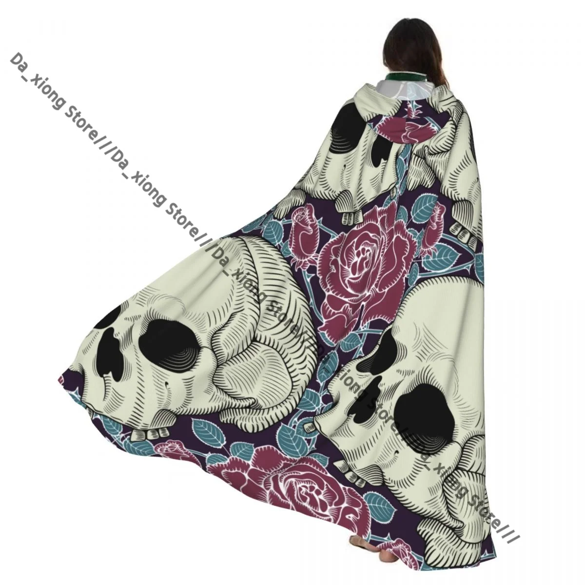 

Witch Long Hooded Robe Skulls And Roses Halloween Cloak Cosplay Costumes for Adult