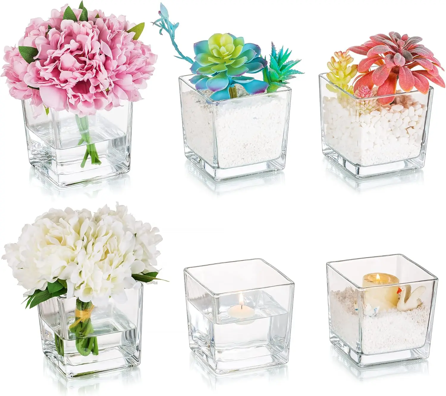 

Square Glass Vases Set Of 6 – Hewory 5""X5"" Clear Cube Flower Vase Candle Holders For Wedding Centerpieces Home Decor Events