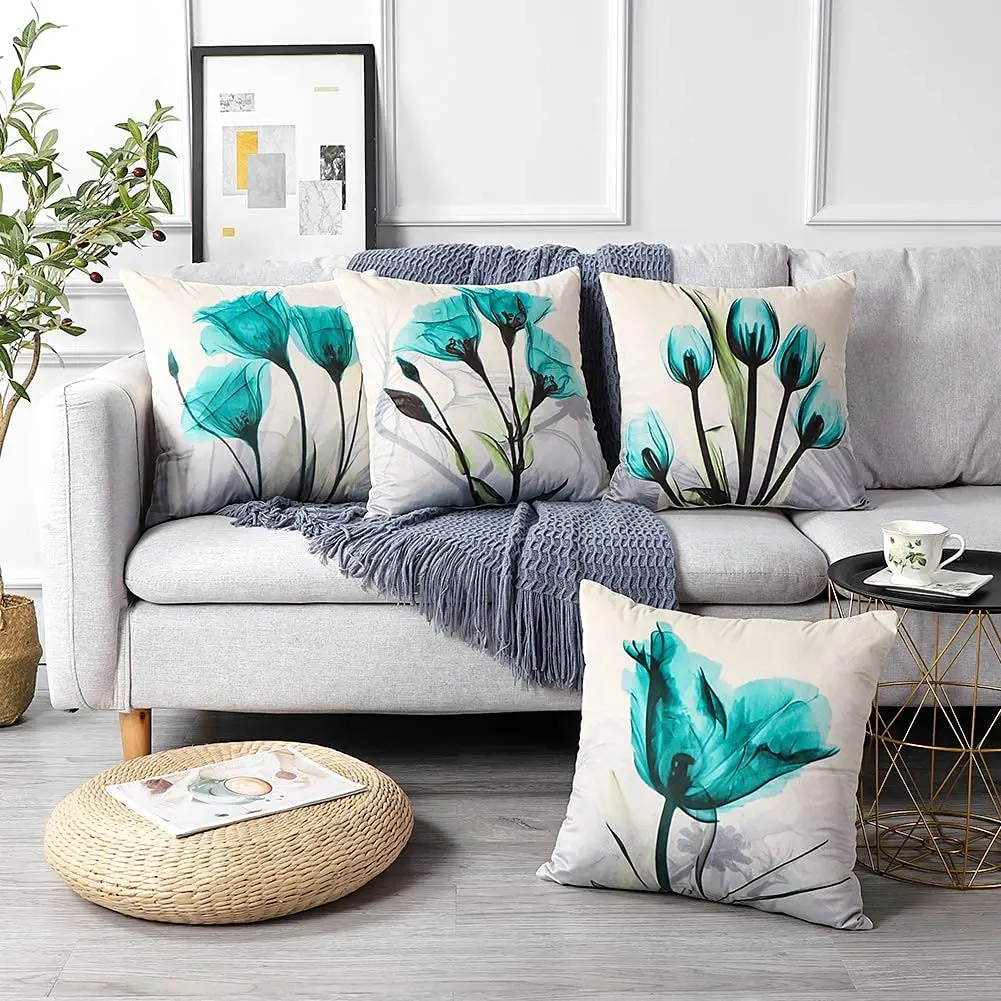 Cyan Watercolor Flower Linen Cushion Cover Upholstery, Pillowcase Home Decor, For Sofa, Car, Bedroom 40x40 45x45 50x50 60x60