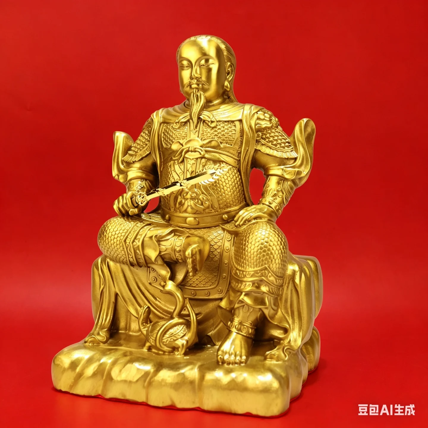Old Brass Ancestral Master Xuanwu God Emperor Zhenwu sword-holding immortal Sitting statue Study screen Amass wealth Ornaments