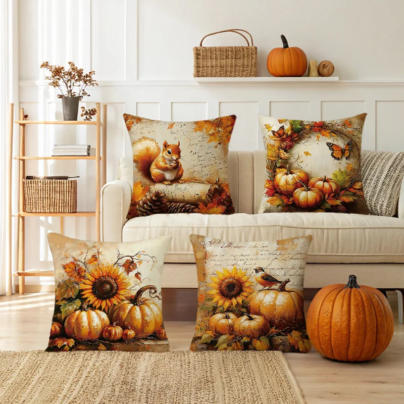 

2pcs Autumn Pumpkin Print Pillow Case Harvest Festival Decoration Line Printed Cushion Cover Sofa Pillow Case