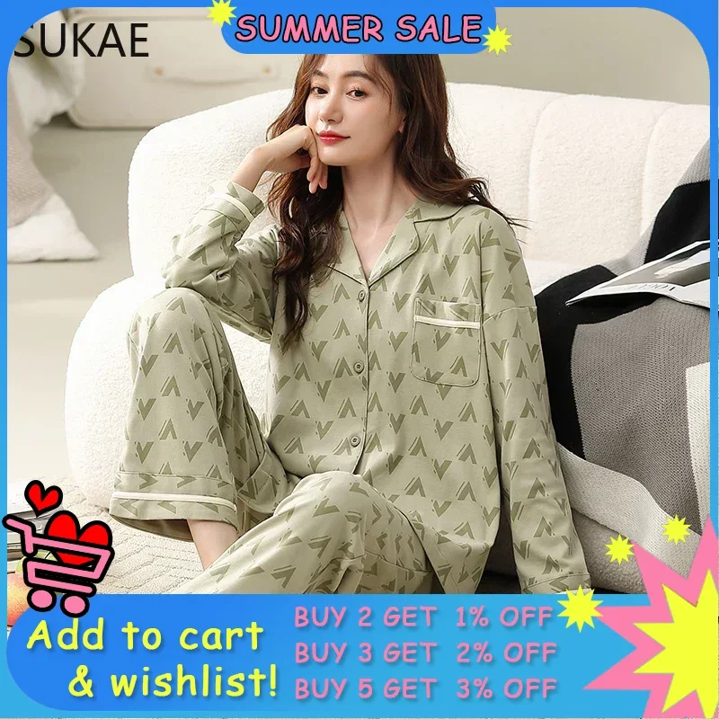 

SUKAE Spring New M-3XL Fashion Womans Pajamas Set Long Sleeves Turn-down Collar Pijama Cardigan Nightwear Leisure Girl Sleepwear