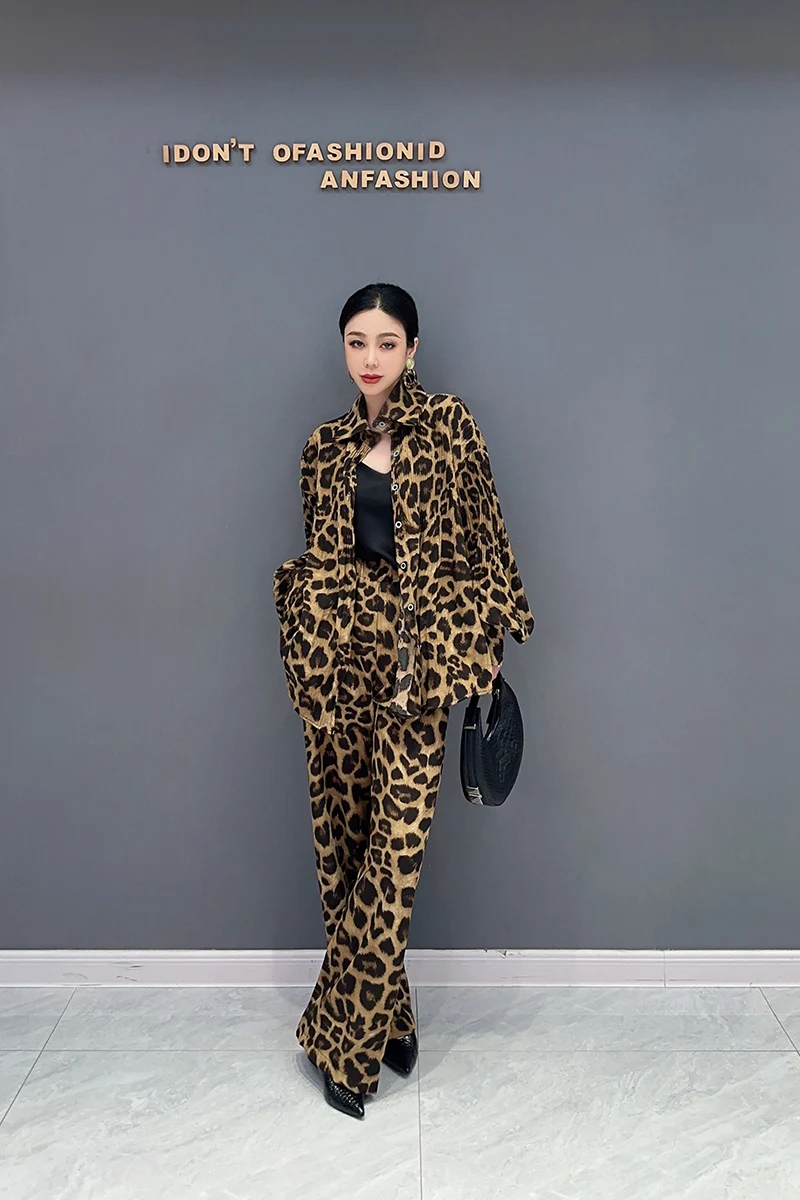 2024 Autumn New Korean Style Loose POLO Collar Shirt Casual Wide Leg Pants Leopard Print Drape Two-piece Set Women Clothing J568