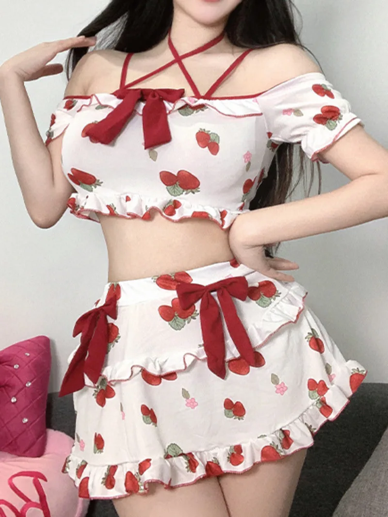 Korean Style New Sexy Uniform Student Strawberry Printing Short Sleeve Top Bow Short Skirt Set Campus Students JK Uniform F4TC