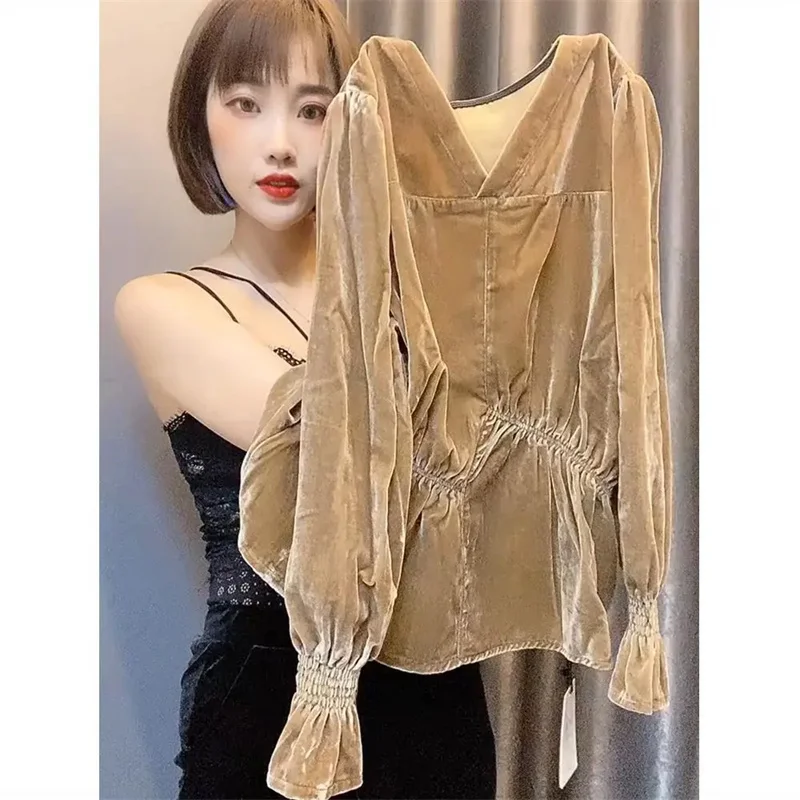 Spring Autumn Blouse Jacket New Women\'s V-Neck Gold Velvet Tops Fashion Waist Flared Sleeve Long Sleeve Shirt Coat Female