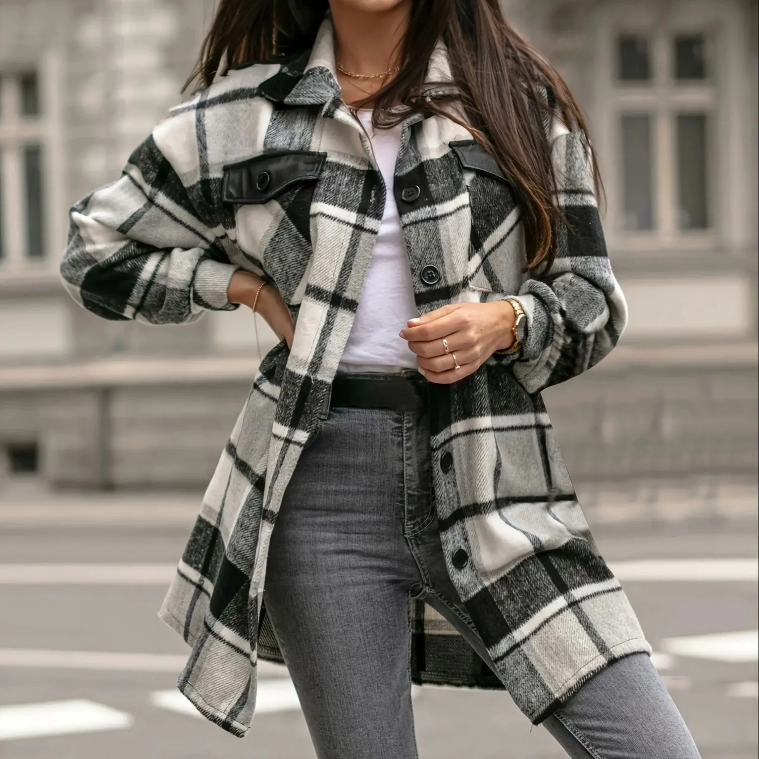 Women\'s Plaid Jacket Casual Button Wool Blend Winter Coats Long Sleeve Tartan Trench Coat With Pockets