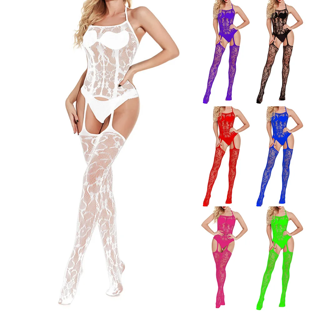 أزياء المرأة ارتداءها ملابس خاصة دنة + النايلون الحمالات طقم داخلي للجسم المرأة Bodycon تنفس Crothless شبكة صيد السمك