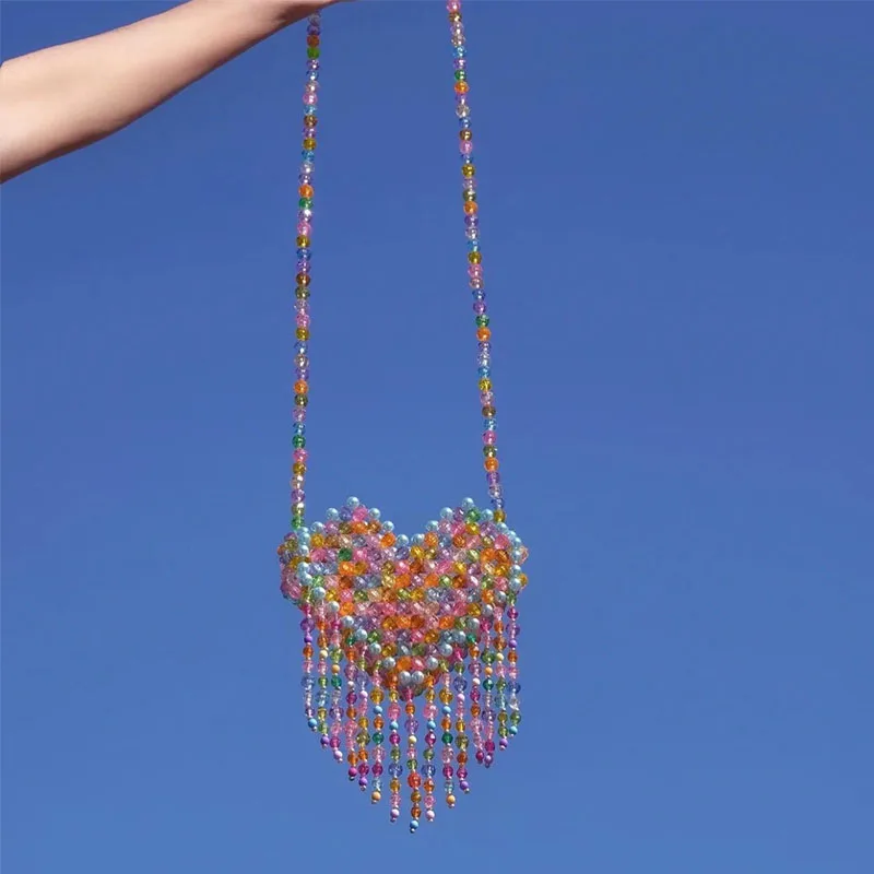 

New Fashion Love Colorful Tassel Crossbody Bag Summer Personalized Rainbow Heart Design Beaded Handwoven Women's Shoulder Bags