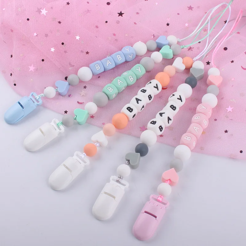 

Ins Baby Pacifier Clips Personalized Name Silicone Heart Candy Letter Dummy Nipples Holder Clip Chain Teething Toys Accessories