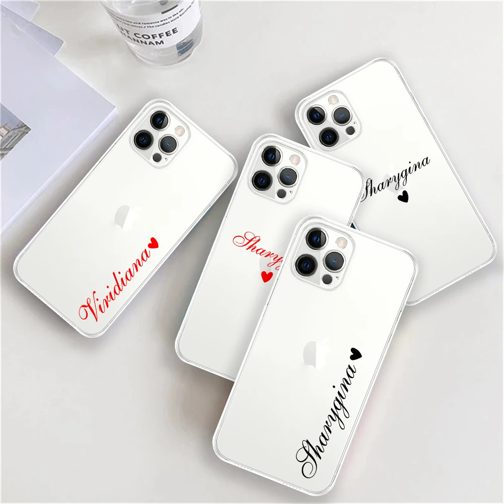 para iPhone 13 12 11 7 8 Plus X XS XR caso personalizado nome personalizado com coração transparente TPU capa macia para iPhone 11