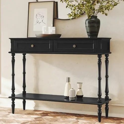 Console Table for Entryway with 2 Drawers-Minimal Assembly,Black Retro Entryway Table with Storage Cabinets and Open
