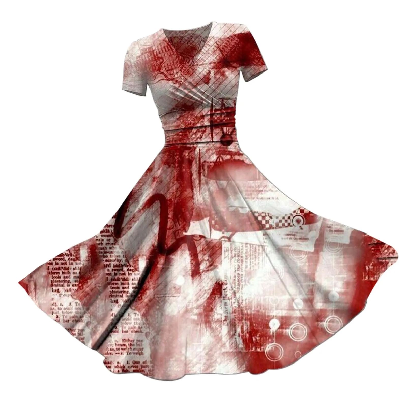 Halloween Blood Splatter Eerie Print Flare Dress Women V Neck Bodycon High Waist Dresses Short Sleeve Tunic Pleated Dress