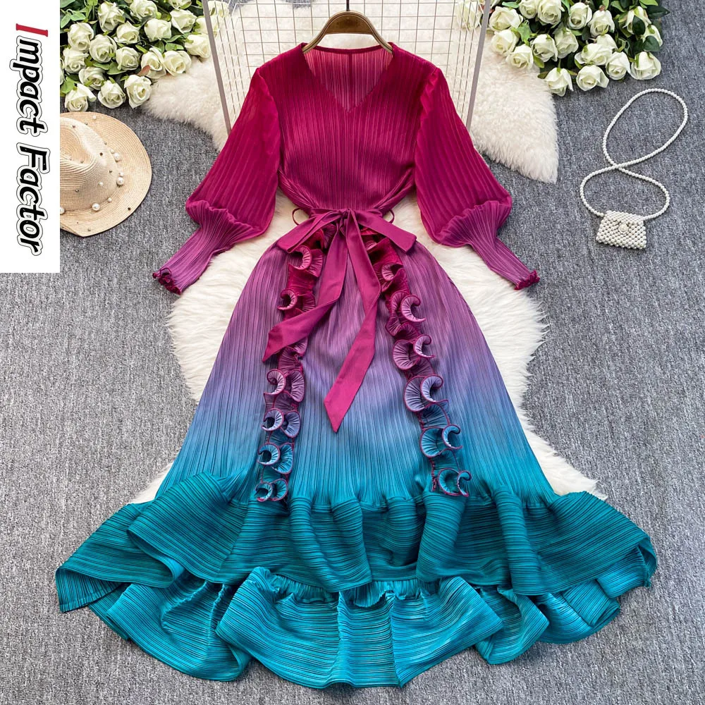 

Miyake High-end Banquet Dress Pleats Gradual Change Color Ruffle Edge Heavy Industry Pleats Slim Long Dress 2025 New