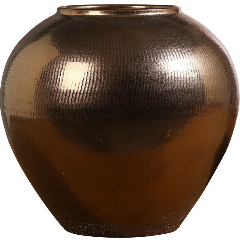 Modern Chinese pottery pot gold vase model room home floor guest dining table green plant flower pot decoration