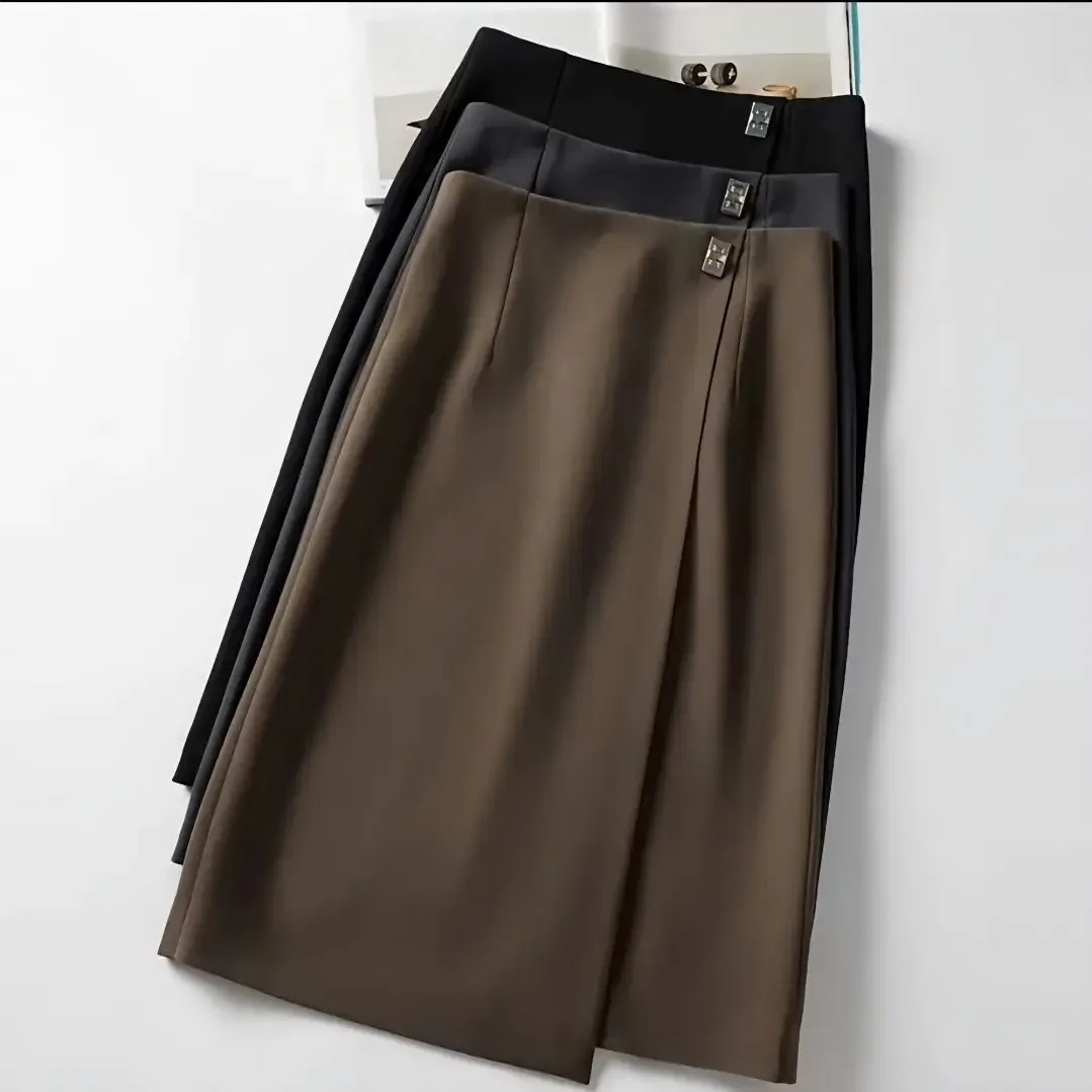 

Новая модная элегантная офисная женская юбка с разрезом, женская нерегулярная трапециевидная юбка трапециевидной формы с высокой талией и металлическими украшениями, однотонные весенне-осенние юбки