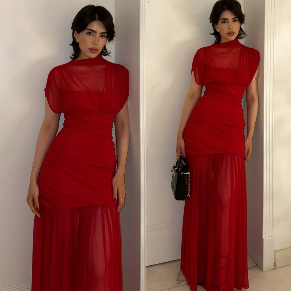 

Customized Exquisite Red Chiffon Evening Dress Fashion High Collar Short Sleeves Party Gowns Sweep Train Special Occasion Gowns