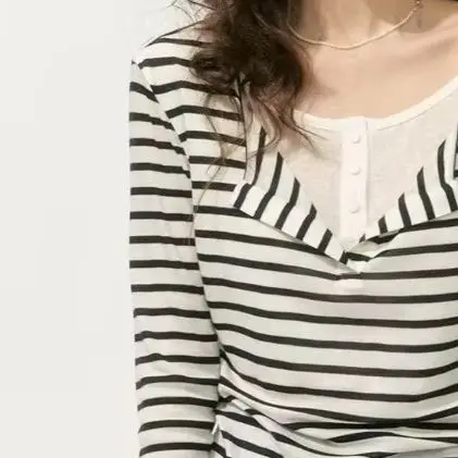 

Ezgaga Women T Shirts Vintage Fake Two Piece Patchwork Swinging Collar Long Sleeve Contrast Patchwork Tops Female Y2k Casual