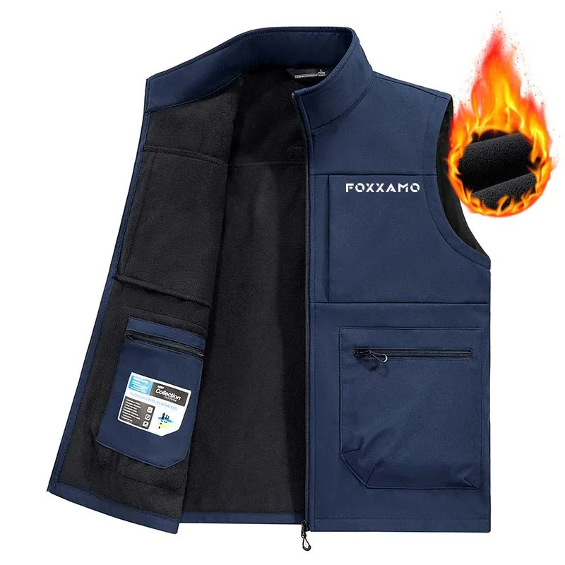 Chaleco de Ciclismo para Hombre FOXXAMO, Multibolsillos, Forrado de Felpa, Grueso, Cálido para Otoño e Invierno, de Manga Corta