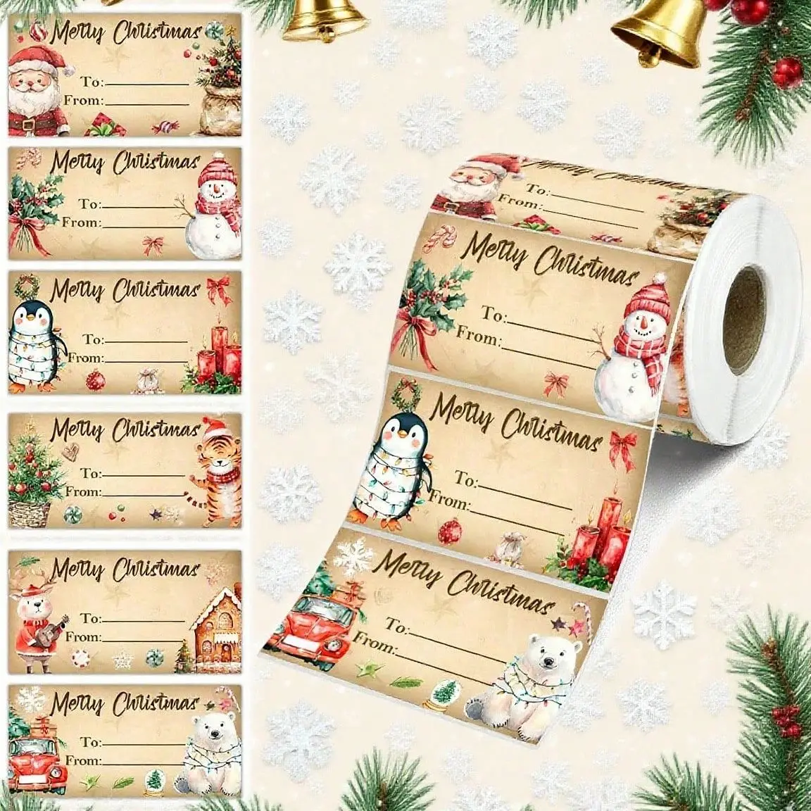 180Pcs/Roll Christmas Gift Tags Self Adhesive Vintage Christmas Name Labels With Penguin, Santa Claus, And Snowman Pattern