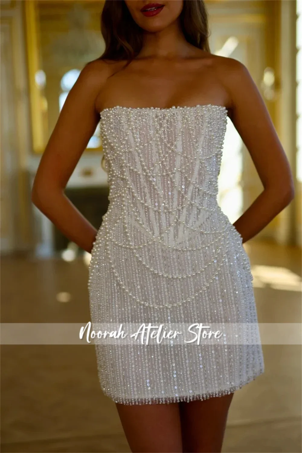 Perles scintillantes blanc bretelles Mini luxe femmes robes de soirée 2025 gland femmes robe de mariée arabie saoudite longue personnalisée