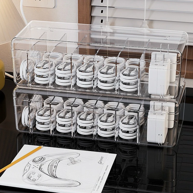 Clear Plastic Cable Organizer Boxes Desk Accessories Storage Case for Drawer, Office Supply, Electronic Management