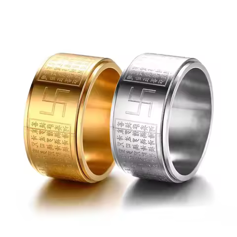 Anxiety Fidget Spinner Buddhism Swastika Ring 10mm Gold Silver Color Stainless Steel Rotating Mood Rings For Men Jewelry Gift