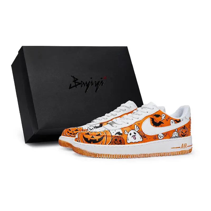 

[Custom GS Halloween Carnival S-BOX]Nike Air Force 1 Slip-Resistant Low-Top Kids' Skateboarding Shoes White Orange Black Teen