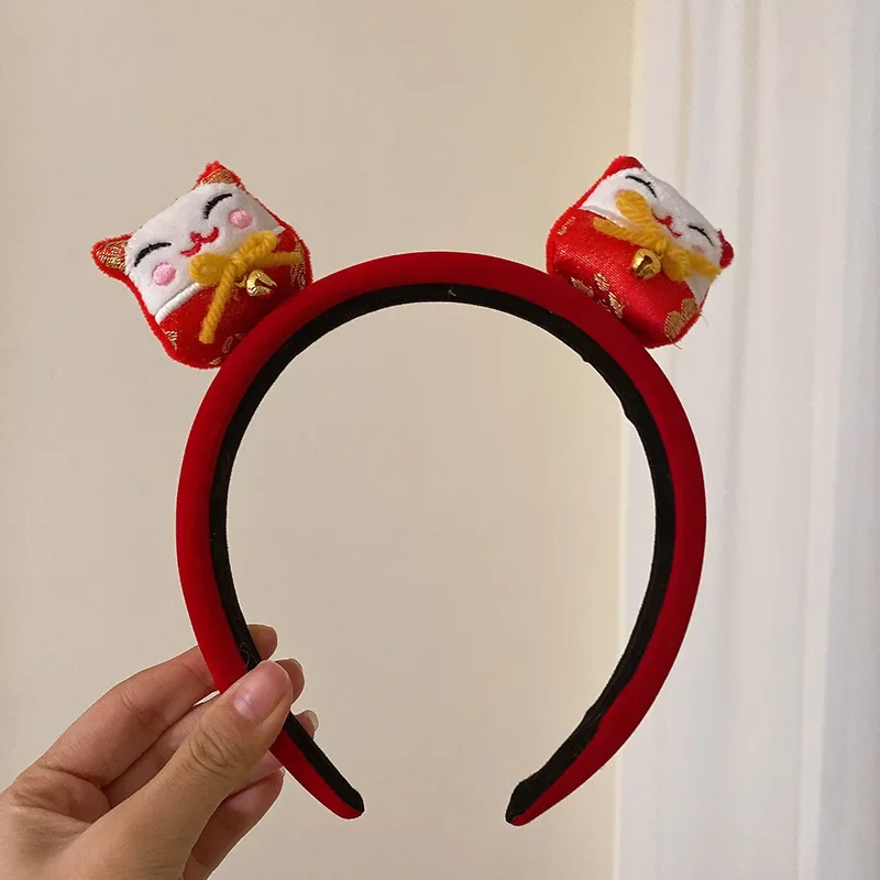 Chinese New Year Red Velvet Hairband Women Headwear Cute Plush Cartoon Dragon Cat Chinese Character Headband Hair Ornament