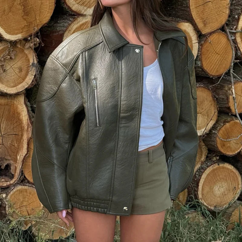 Retro Uniwersalna Skórzana Kurtka Kołnierz Zamek Błyskawiczny Casualowy Elegancki Płaszcz Wierzchni Modny Długi Rękaw Luźny Damski Jesienny Streetwear