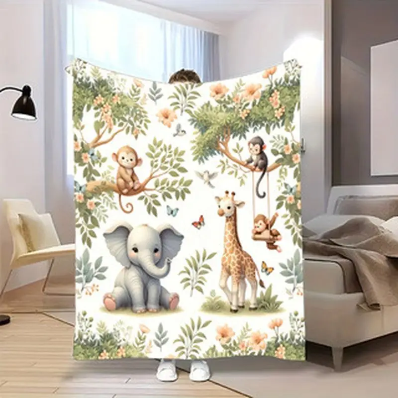 VIKAMA Watercolor Jungle Animal Baby Blanket Elephant Giraffe Monkey Print Soft Flannel Toddler Nap Blanket Nursery Decor Gift