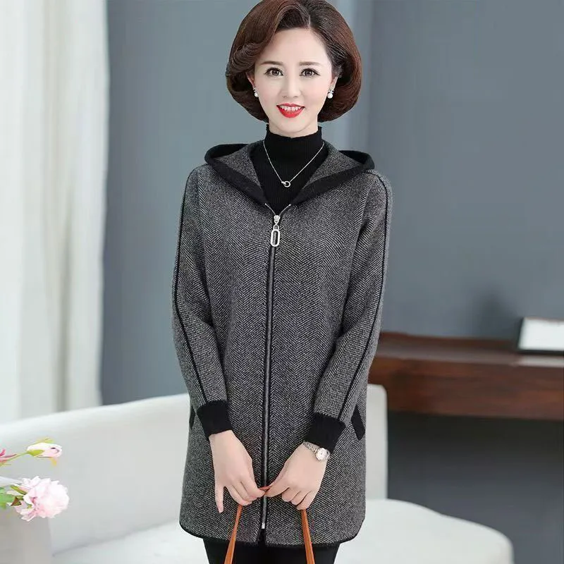 

Middle aged mother Woolen Jacket 2024 Female Hooded Large Size 6XL Wool top Autumn Winter Ladies Medium long styles Sweater Coat