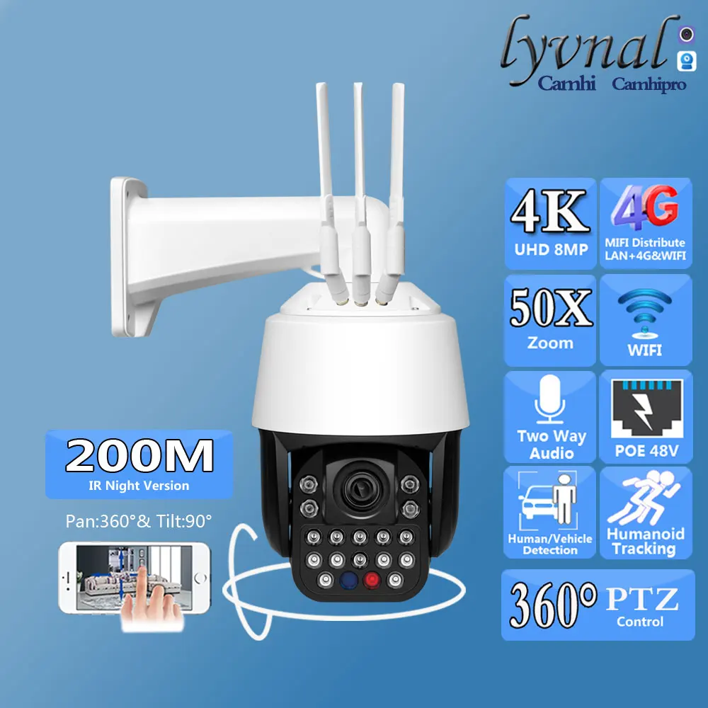 

3G 4G SIM Card UHD 4K 8MP Wireles Security IP Camera 50X Zoom Wifi PTZ Dome Human Tracking Laser Infrared IR 200M Two Way Audio