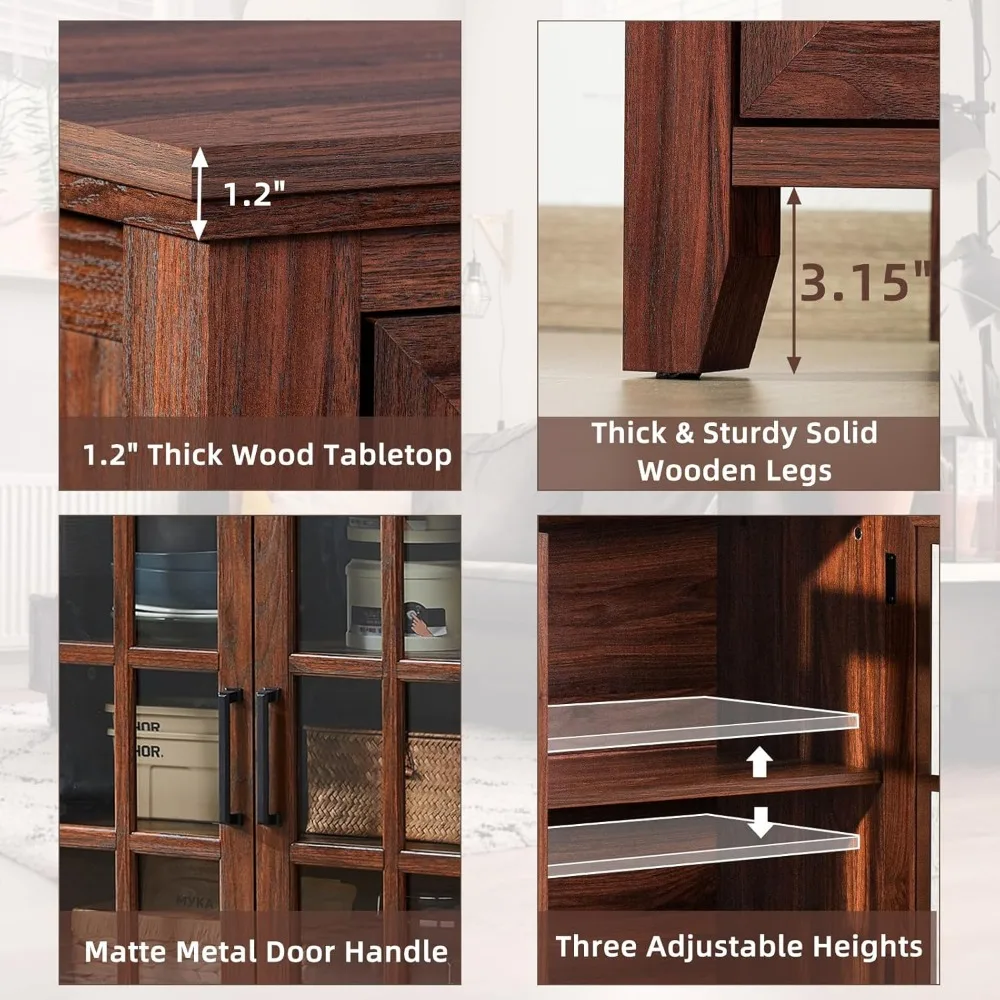 خزانة بوفيه مطبخ كبيرة على طراز المزرعة مع مساحة تخزين، وخزانة بار القهوة والنبيذ البني مقاس 32 بوصة تتميز ببابين زجاجيين