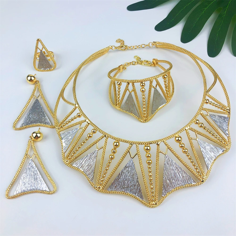 TITI Italy 18K Gold Plated Jewelry Sets For Women Classic Twotone Design Necklace Earrings Bracelet Ring Fashion 4PCS Set