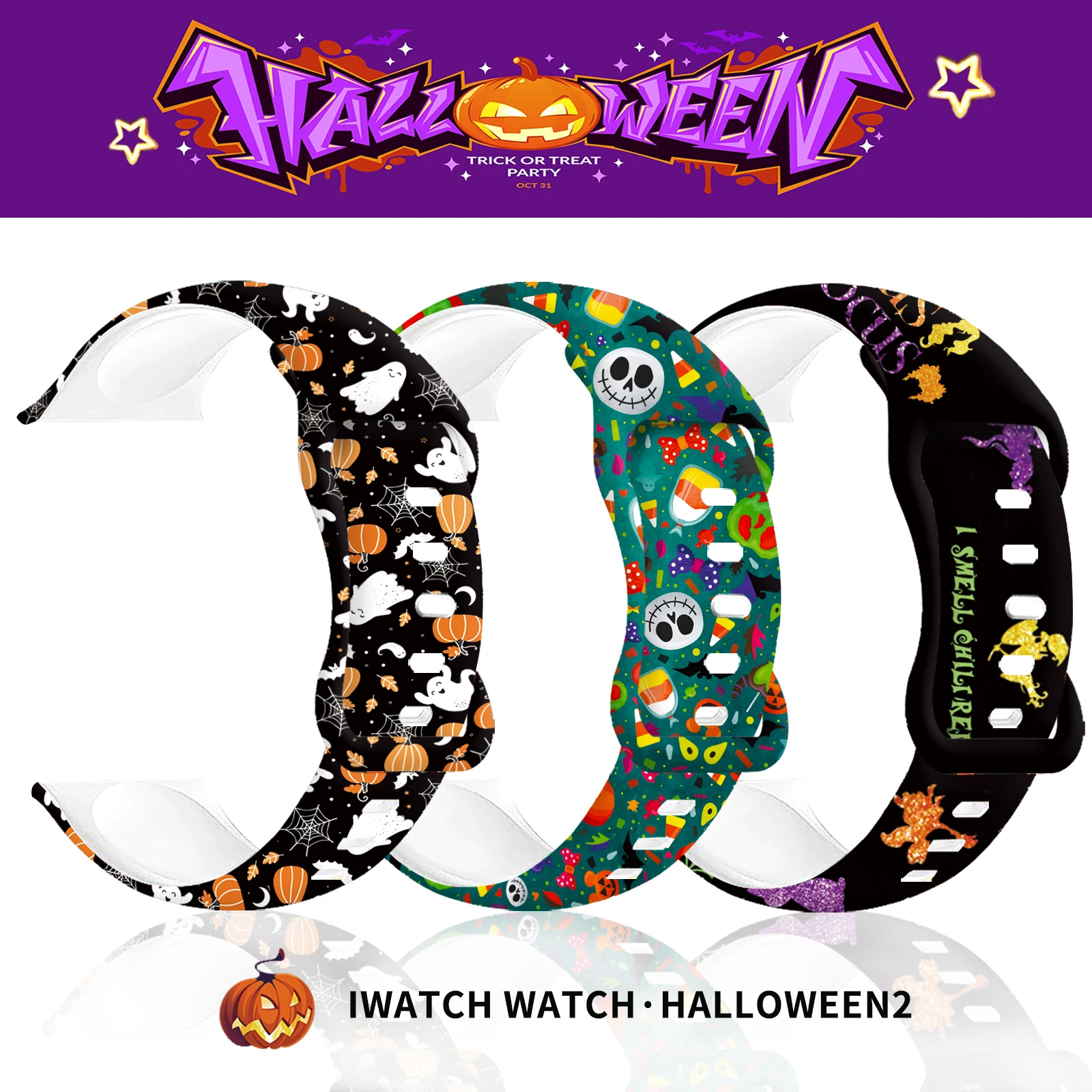 Halloween Series 2 Printed Strap for Apple Watch 9 8 7 SE Silicone Band Replaceable Bracelet for iWatch 45mm 44mm 42mm Watchband