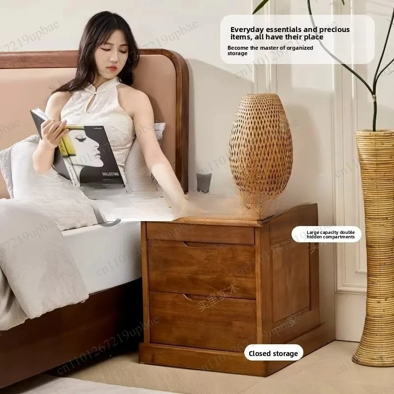 T01 Upgrade Solid Wood Bedside Table, Double Hidden Compartment Large‑Capacity Storage Integrated Bedside Safe Cabinet