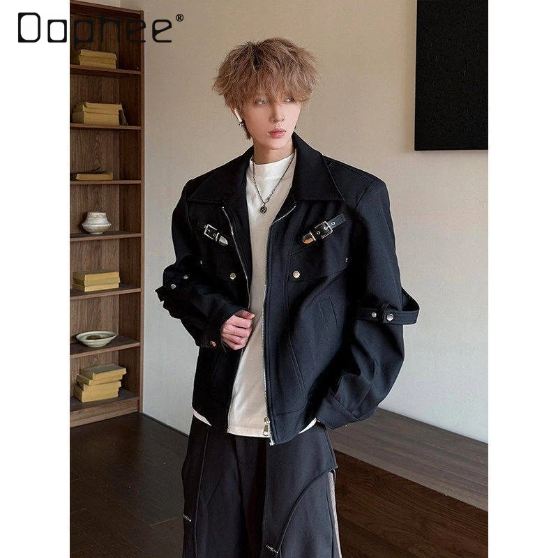 

Spring and Autumn American High Street Style Men's Black Deconstruction Metal Rivet Shoulder Padded Short Flight Jacket