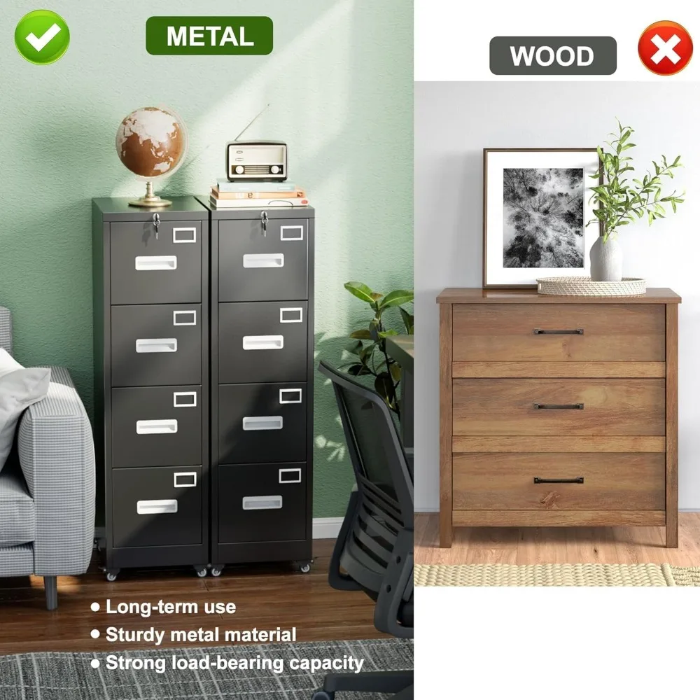 خزانة ملفات ذات 4 أدراج من Aobabo مع عجلات، خزانة ملفات معدنية قابلة للقفل مع بطاقة اسم للمكتب والمنزل، تتطلب التجميع، Bla