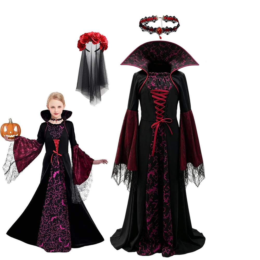 Girls Vampire Bride Cosplay Long Dress Kids Gothic Role‑Play Outfit with Flower Headwear Halloween Fancy Costume for Carnival