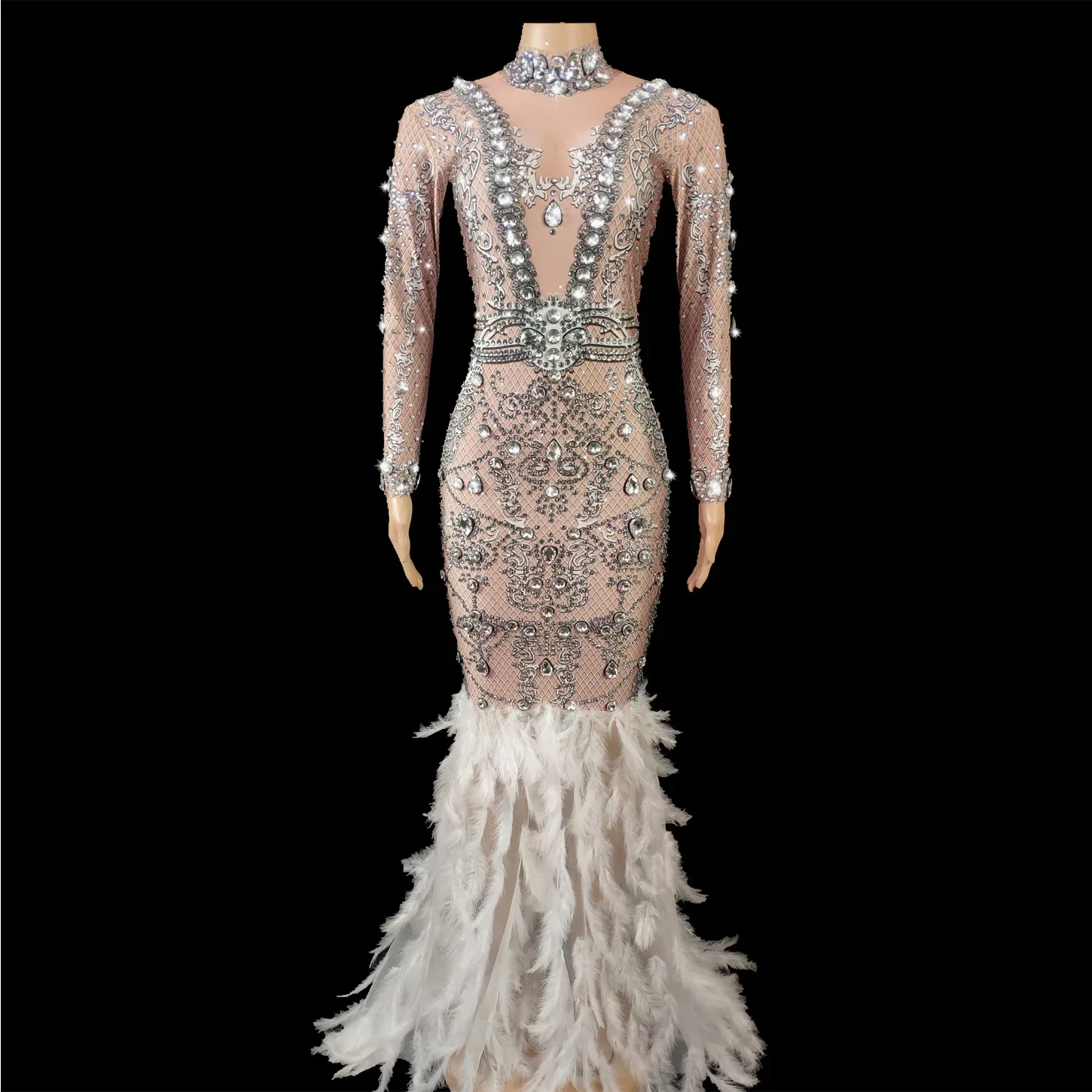 Luxurious Long Evening Dress Sparkly Big Rhinestone Birthday Celebrate Dancer Flashing Costume for Party Wedding Guests