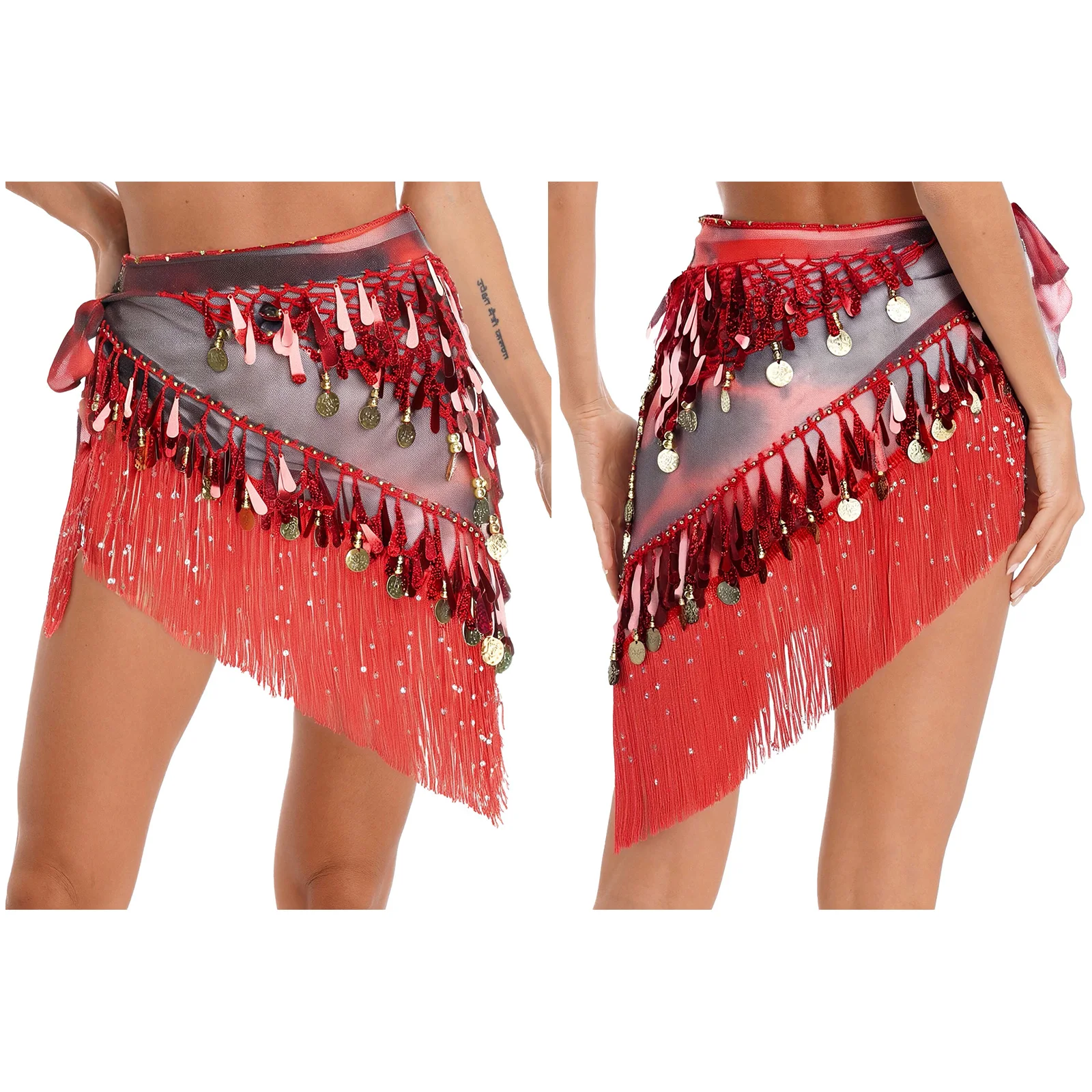 

One Piece Womens Belly Dance Hip Scarf Lace-up Waist Chain Dance Costume Sequined Tassel Exquisite Pendant Triangle Hip Skirt