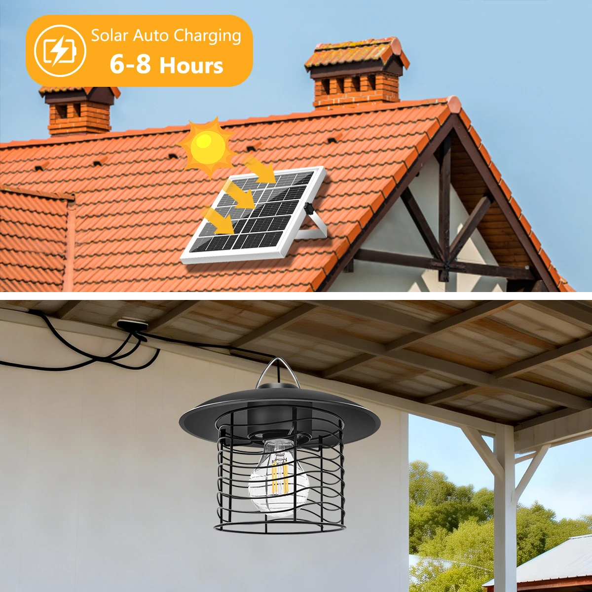 Solar Lamp Outdoor Hanging Solar Pendant Light for Shed Barn Motor Home Retro Pull Chain 3 Work Mode with Battery Indicator IP65