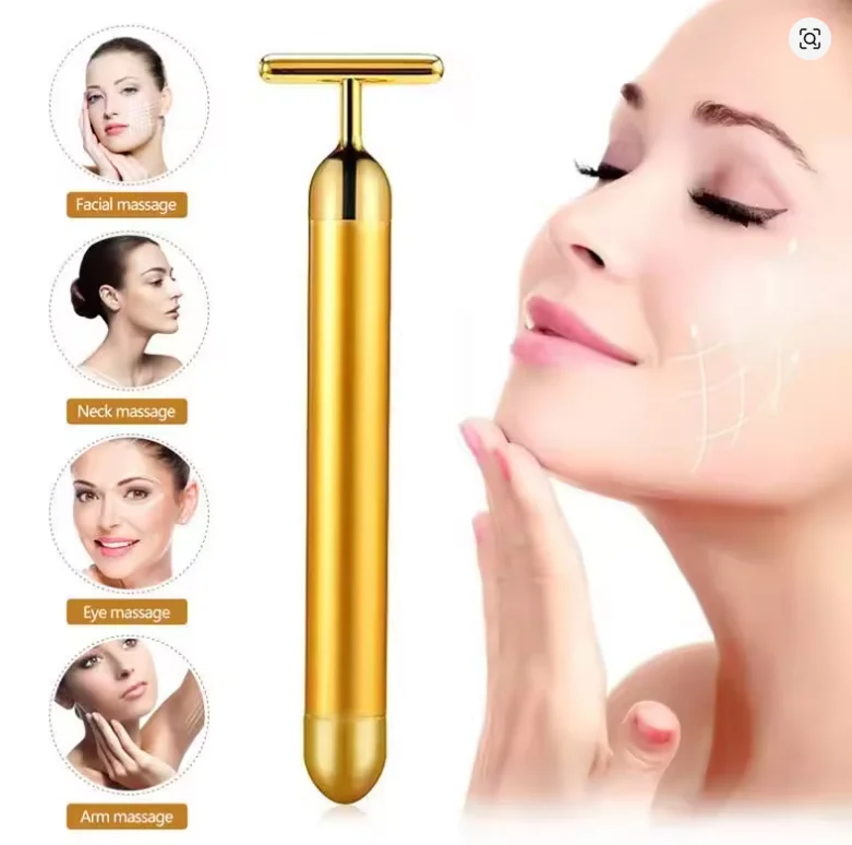 Massageador Facial Vibratório Ouro 24K Rolo T para Lifting