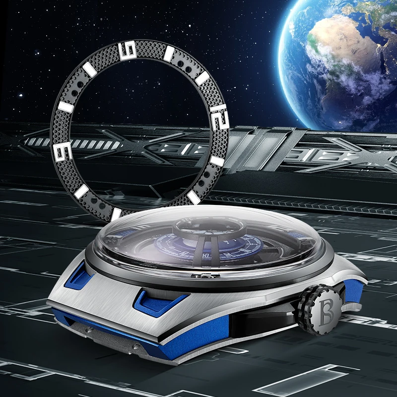 BONEST GATTI 2025 Orologio da polso meccanico da uomo Orologio con movimento automatico Gomma fluoro Cinturino blu Orologio da uomo in cristallo di zaffiro