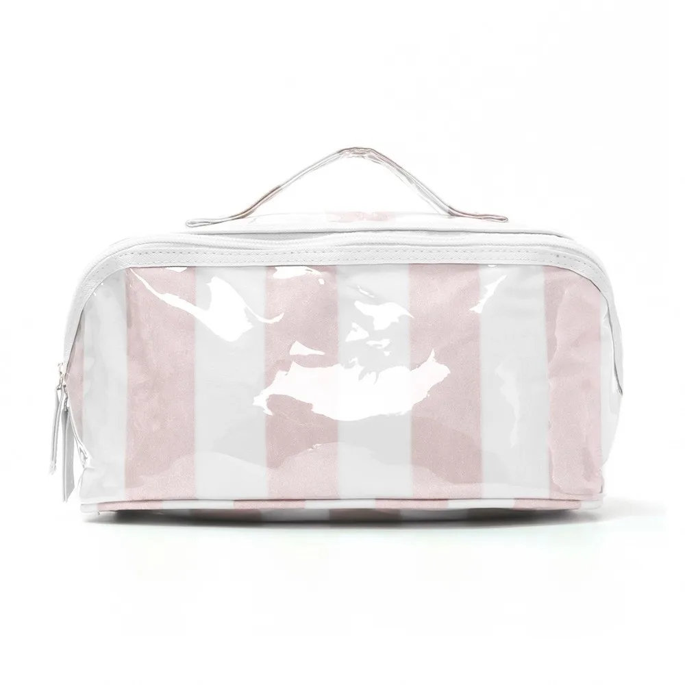 Durable Striped Cosmetic Bag Lightweight and Portable Large Capacity PVC Makeup Organizer Compact Size Contrast Color