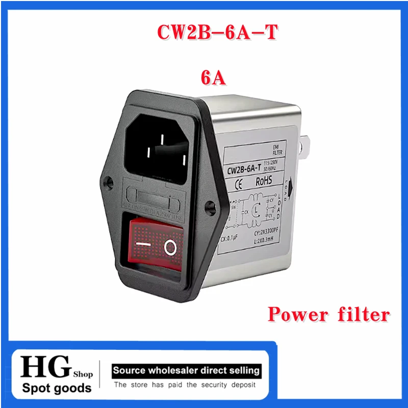 IEC Socket Type Power Filter CW2B-3/6/10A-T Socket type purge with dual safety switch with lamp EMI interference CW2B-10A-T