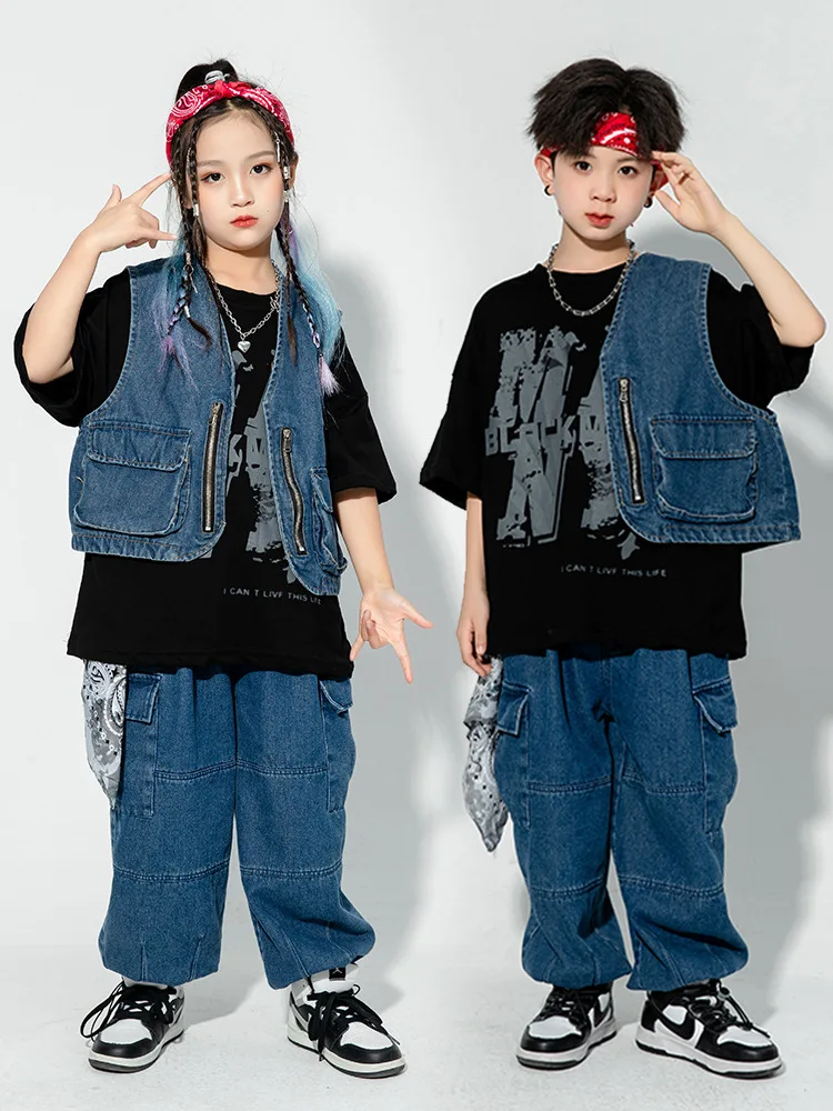 Fashion Hip Hop Kid Ballroom Dancing Costumes 4 Girls Boys Jazz Dance Stage Wear Child Party Show Clothes Denim Vest Shirt Jeans