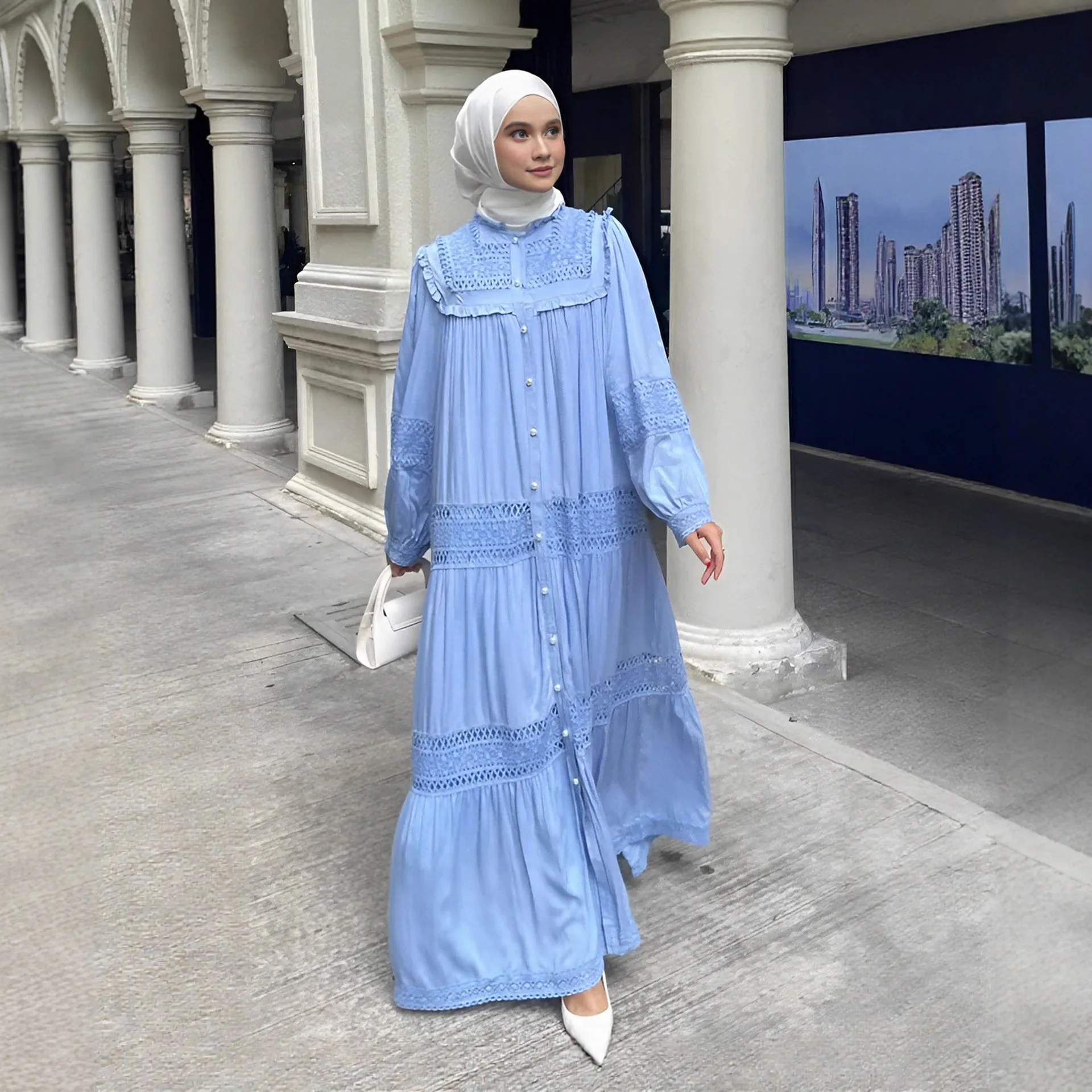 

Весеннее Дубайское женское кружевное платье макси, мусульманский сарафан Абая, халат Femme, модное элегантное исламское платье с длинным рукавом-фонариком