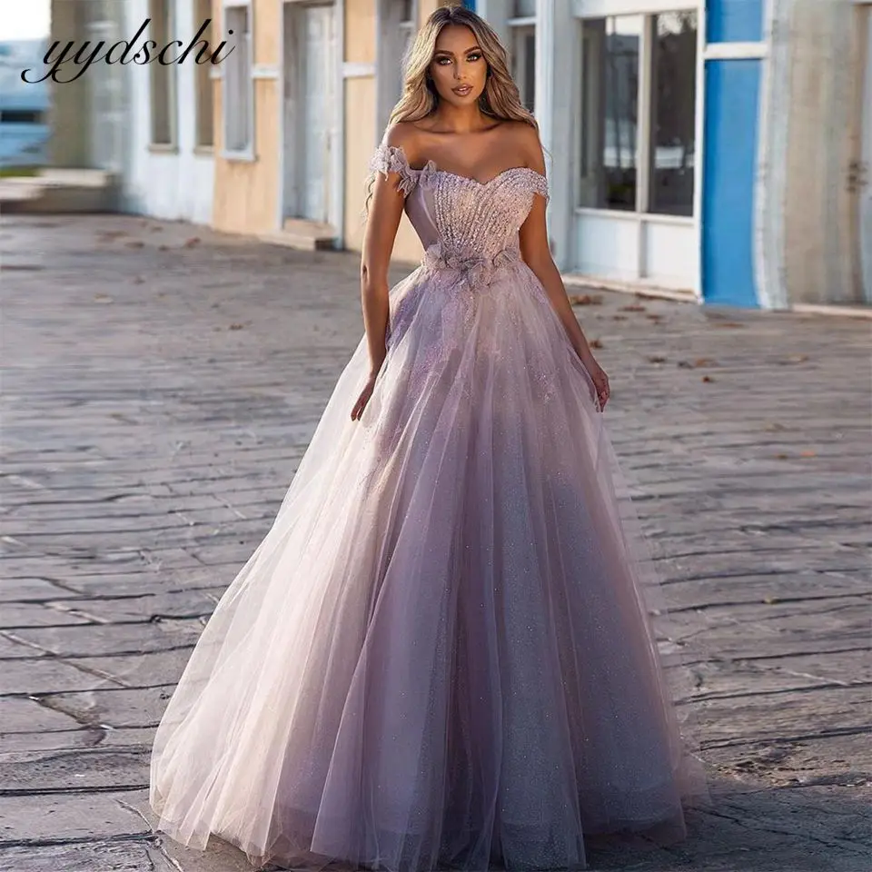 Vestidos De Noche morados con hombros descubiertos para mujer, Vestidos formales De Gala con apliques y cuentas brillantes, vestido De graduación 2024