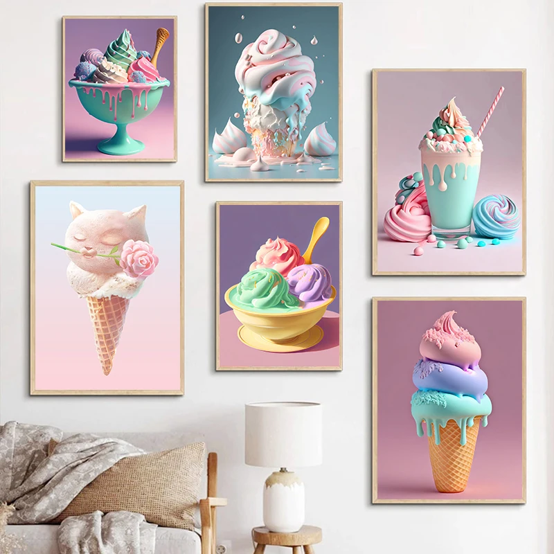 Nordic Pink Wall Art Donut Ice Cream Prints Posters Pictures for Girl Room Dessert Shop Home Decoration Canvas Painting Cuadr